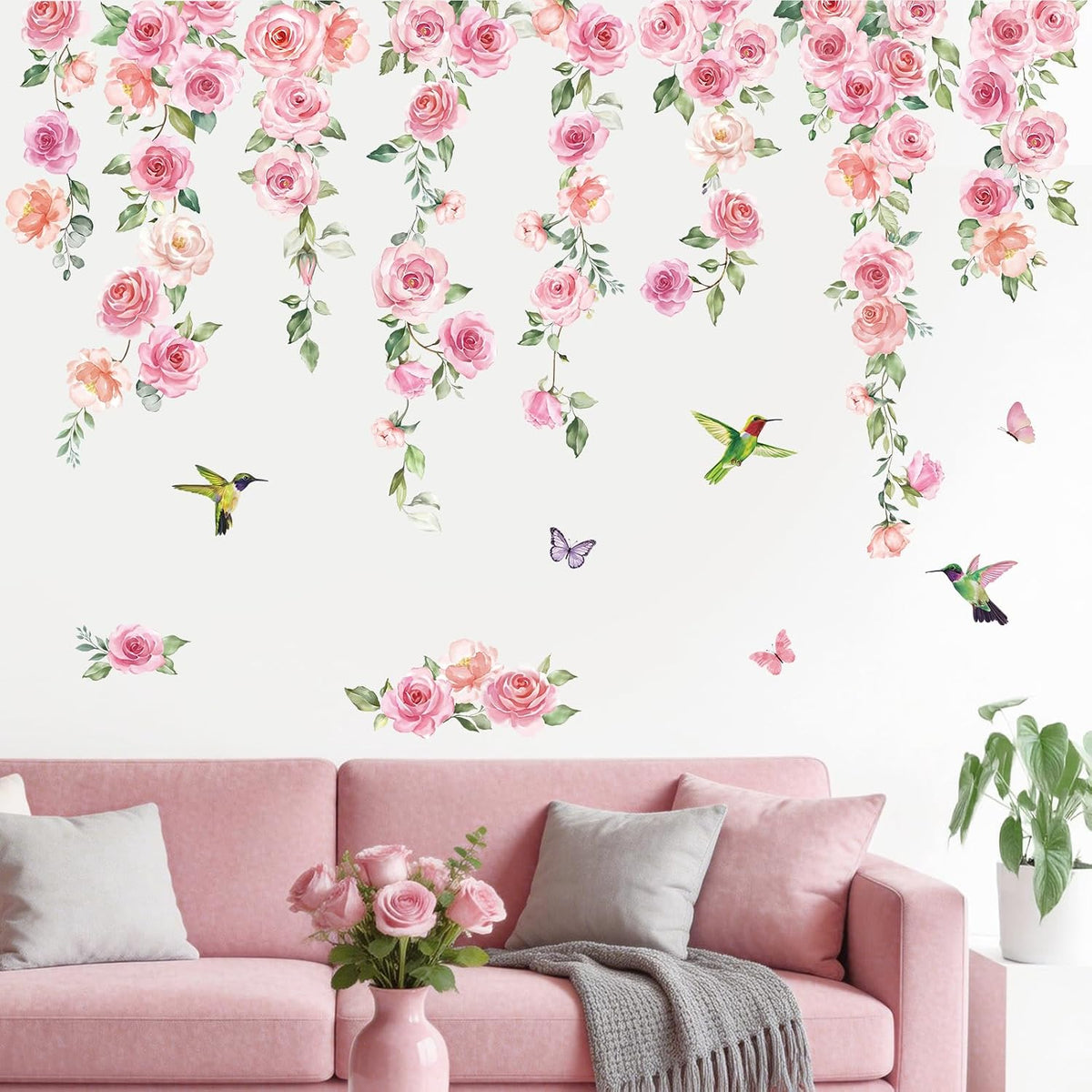 Pink Flower Wall Decal for Girl Room, Hanging Vine Wall Sticker