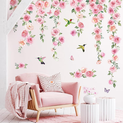Pink Flower Wall Decal for Girl Room, Hanging Vine Wall Sticker