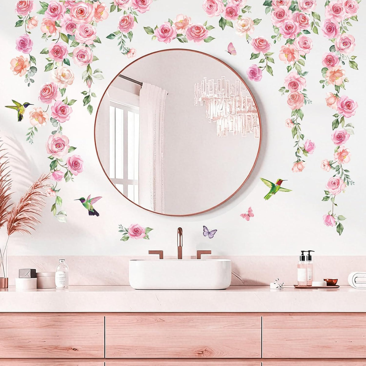 Pink Flower Wall Decal for Girl Room, Hanging Vine Wall Sticker