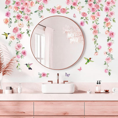 Pink Flower Wall Decal for Girl Room, Hanging Vine Wall Sticker