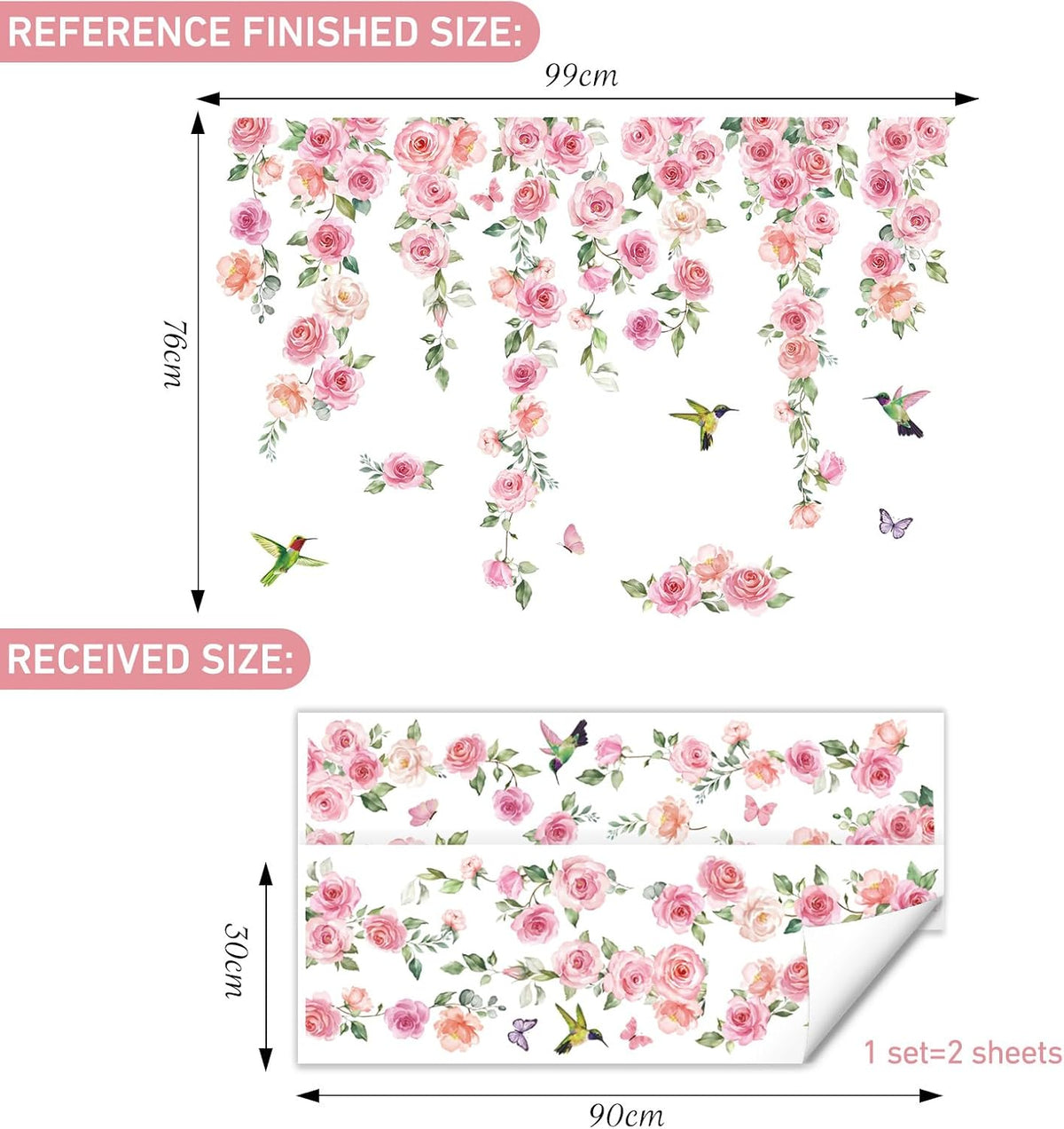 Pink Flower Wall Decal for Girl Room, Hanging Vine Wall Sticker