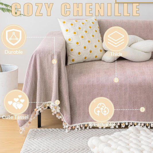 HANDONTIME Soild Couch Covers for Dogs Pink-Purple Sofa Covers Boho Cover for Sofa 3 Seats Chenille Sofa Throw Cover Mauve Sofa Covers for 3 Cushion Couch Tassel, Washable, Pet Friendly, 71" X134"