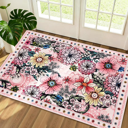 Door Mat Indoor Entrance 2x3 Washable Boho Floral Rug for Entryway, Pink Small Area Rug Non Slip Entryway Rugs Low Pile Throw Rugs for Kitchen, Laundry, Entry, Kids Room, Pink