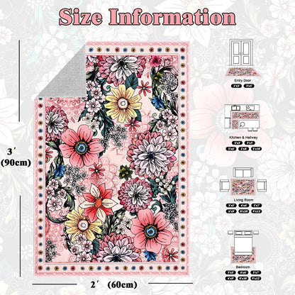 Door Mat Indoor Entrance 2x3 Washable Boho Floral Rug for Entryway, Pink Small Area Rug Non Slip Entryway Rugs Low Pile Throw Rugs for Kitchen, Laundry, Entry, Kids Room, Pink