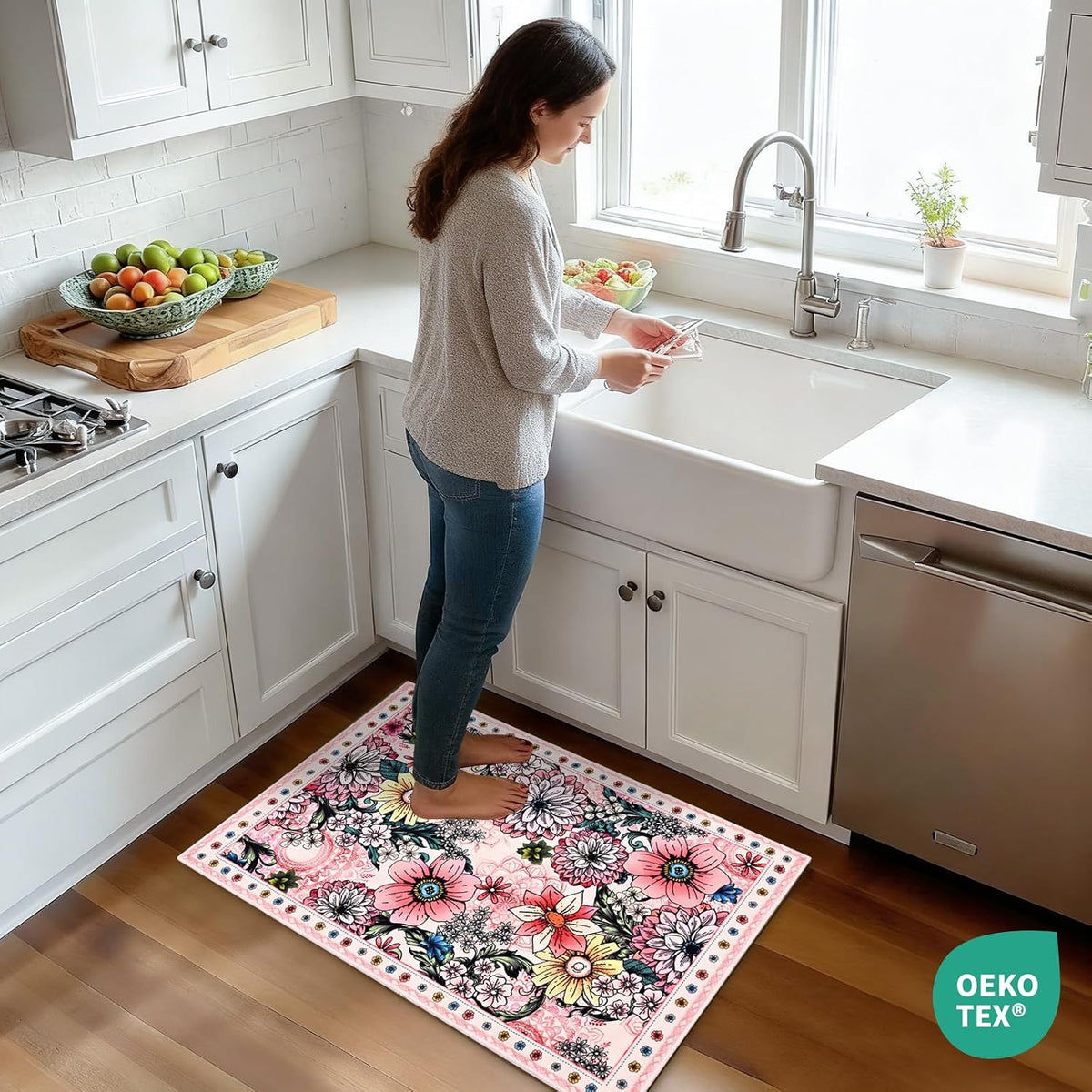 Door Mat Indoor Entrance 2x3 Washable Boho Floral Rug for Entryway, Pink Small Area Rug Non Slip Entryway Rugs Low Pile Throw Rugs for Kitchen, Laundry, Entry, Kids Room, Pink