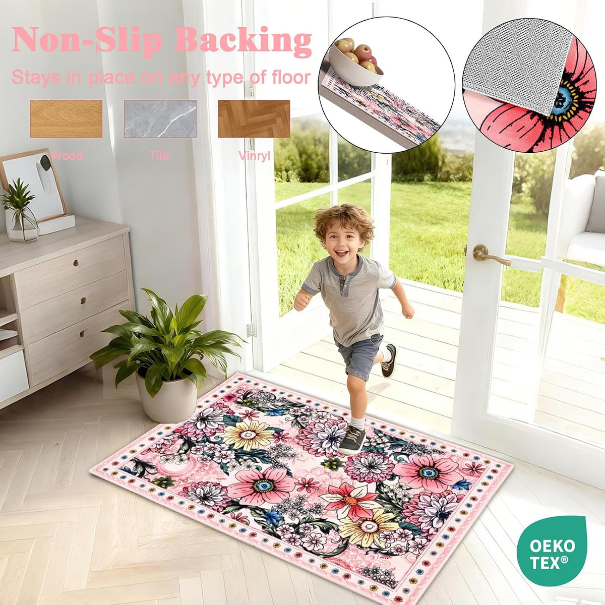 Door Mat Indoor Entrance 2x3 Washable Boho Floral Rug for Entryway, Pink Small Area Rug Non Slip Entryway Rugs Low Pile Throw Rugs for Kitchen, Laundry, Entry, Kids Room, Pink