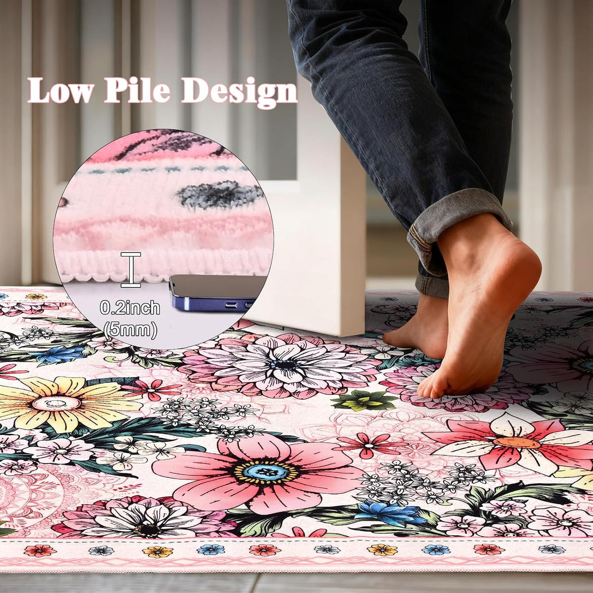 Door Mat Indoor Entrance 2x3 Washable Boho Floral Rug for Entryway, Pink Small Area Rug Non Slip Entryway Rugs Low Pile Throw Rugs for Kitchen, Laundry, Entry, Kids Room, Pink