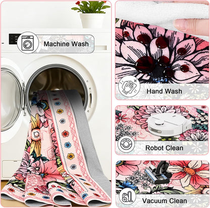 Door Mat Indoor Entrance 2x3 Washable Boho Floral Rug for Entryway, Pink Small Area Rug Non Slip Entryway Rugs Low Pile Throw Rugs for Kitchen, Laundry, Entry, Kids Room, Pink