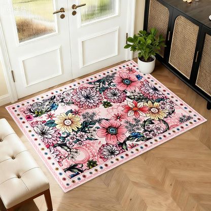 Door Mat Indoor Entrance 2x3 Washable Boho Floral Rug for Entryway, Pink Small Area Rug Non Slip Entryway Rugs Low Pile Throw Rugs for Kitchen, Laundry, Entry, Kids Room, Pink