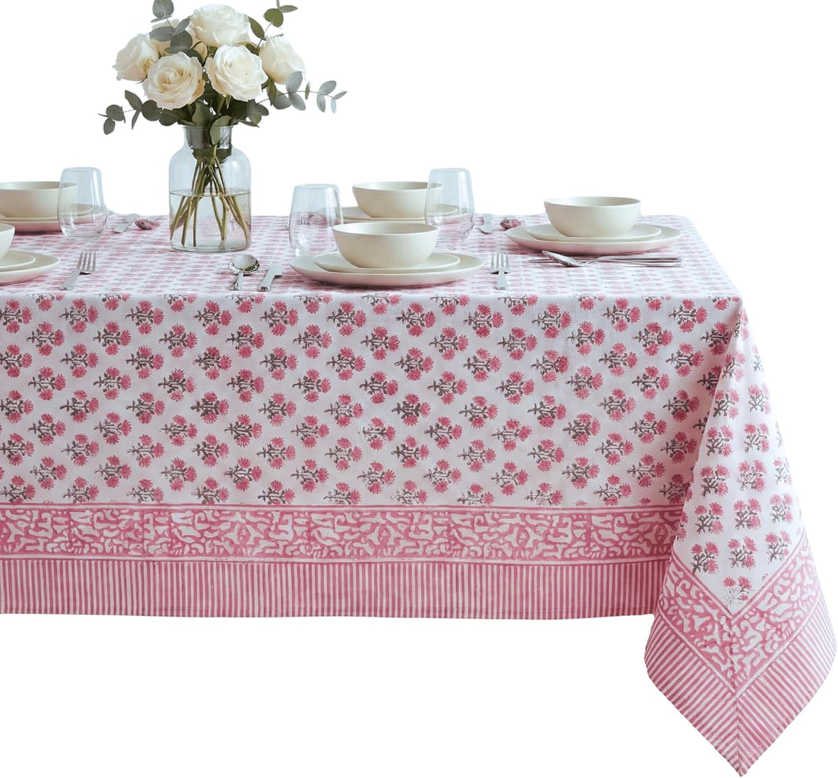 Cotton Blockprint Rectangle Table Cloth, Gulbahar Pink, 108" X 60"