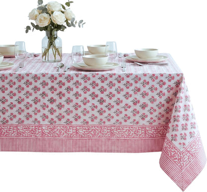 Cotton Blockprint Rectangle Table Cloth, Gulbahar Pink, 108" X 60"