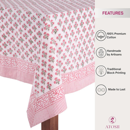 Cotton Blockprint Rectangle Table Cloth, Gulbahar Pink, 108" X 60"