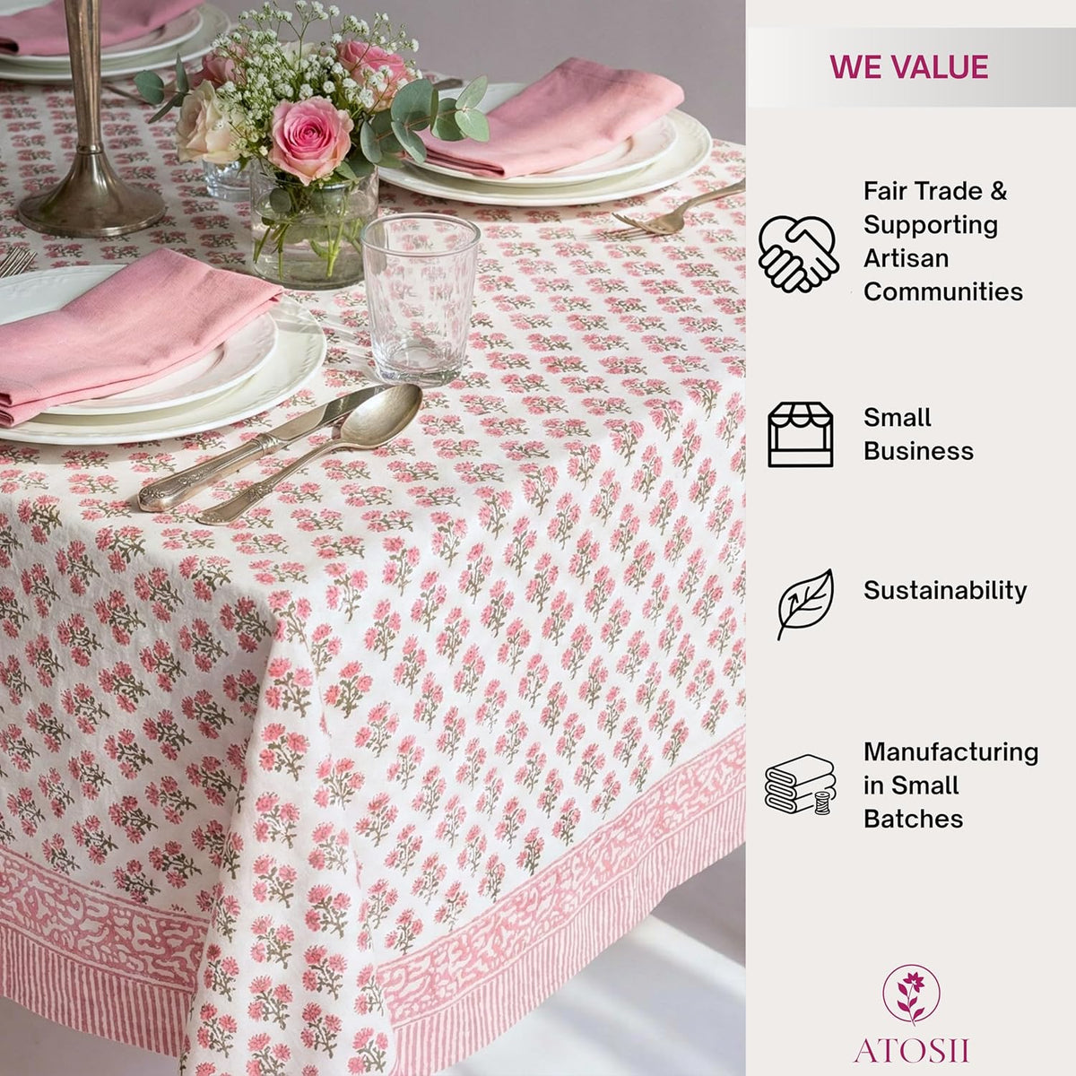 Cotton Blockprint Rectangle Table Cloth, Gulbahar Pink, 108" X 60"