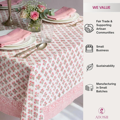 Cotton Blockprint Rectangle Table Cloth, Gulbahar Pink, 108" X 60"