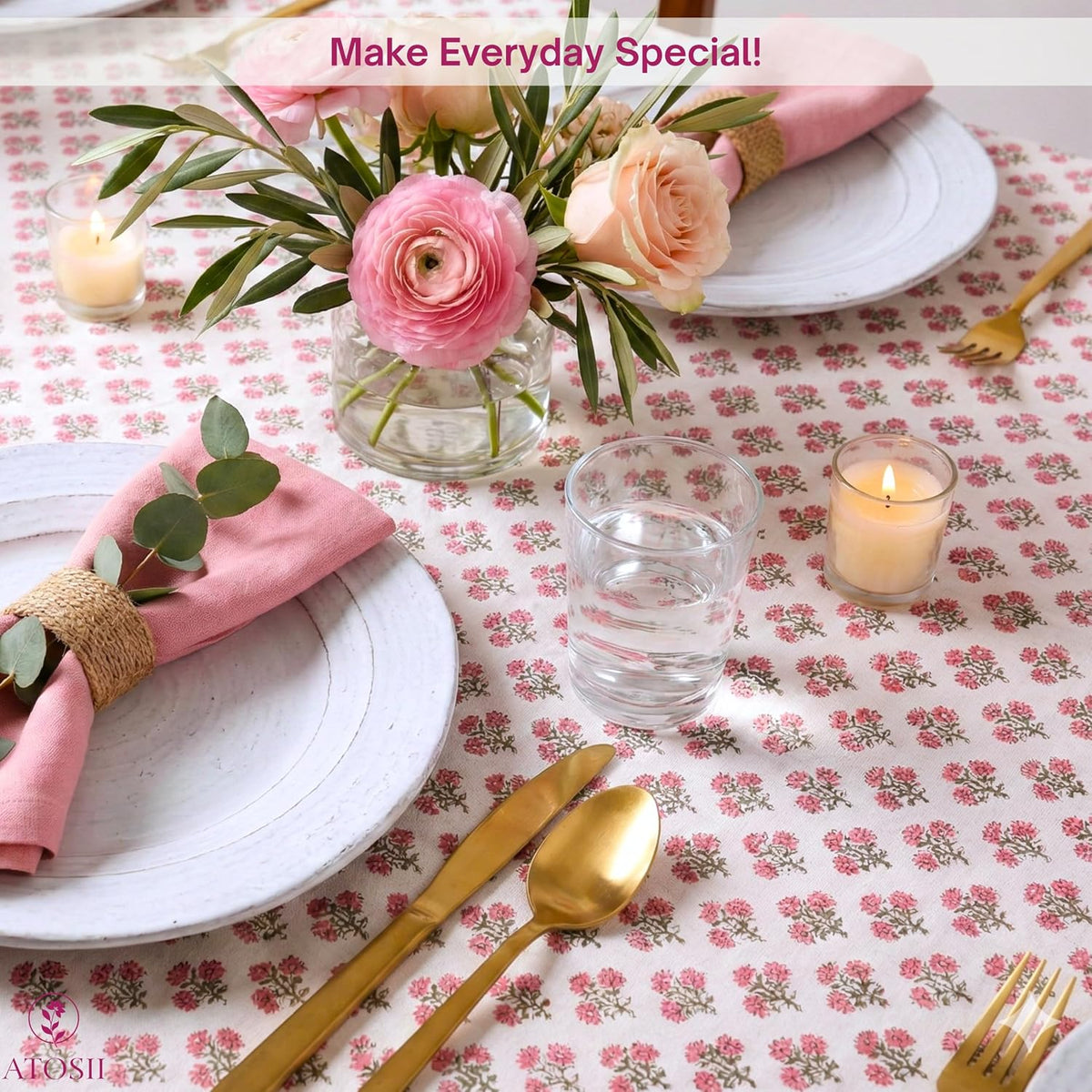 Cotton Blockprint Rectangle Table Cloth, Gulbahar Pink, 108" X 60"