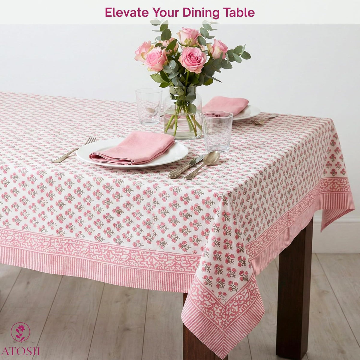 Cotton Blockprint Rectangle Table Cloth, Gulbahar Pink, 108" X 60"