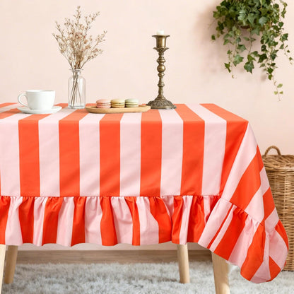 Striped Tablecloth Ruffle Table Cloth, Orange Pink