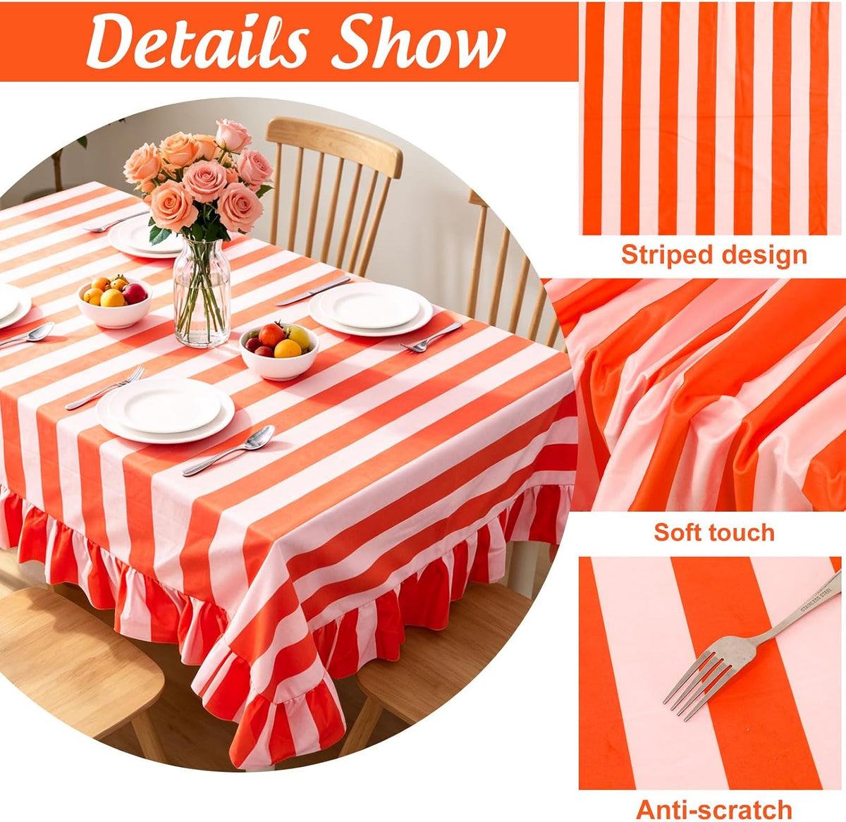 Striped Tablecloth Ruffle Table Cloth, Orange Pink
