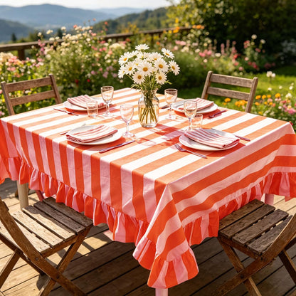 Striped Tablecloth Ruffle Table Cloth, Orange Pink