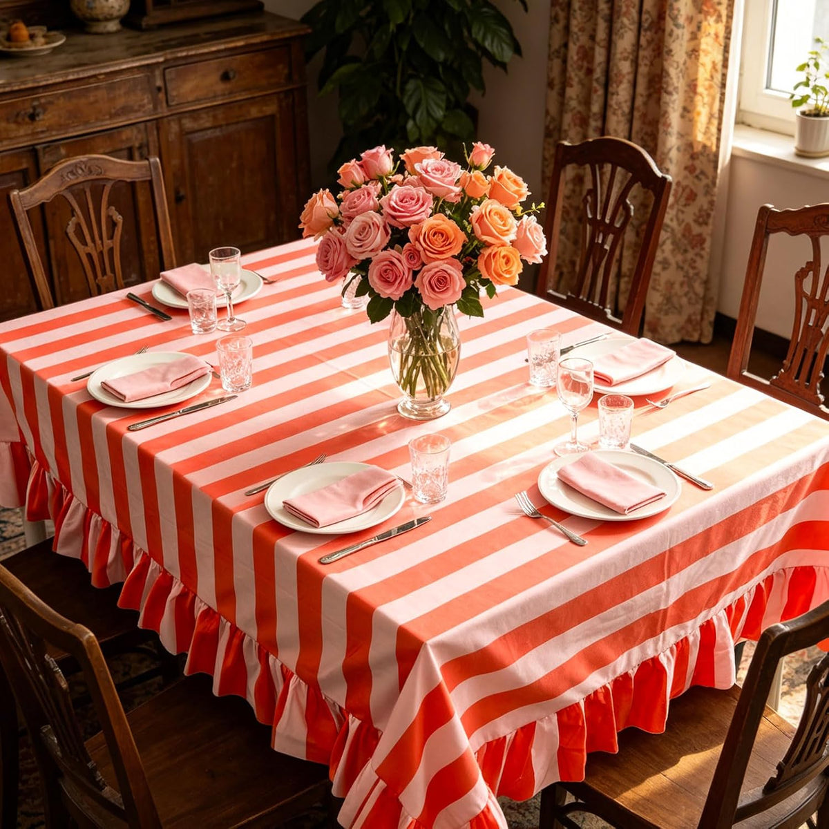 Striped Tablecloth Ruffle Table Cloth, Orange Pink
