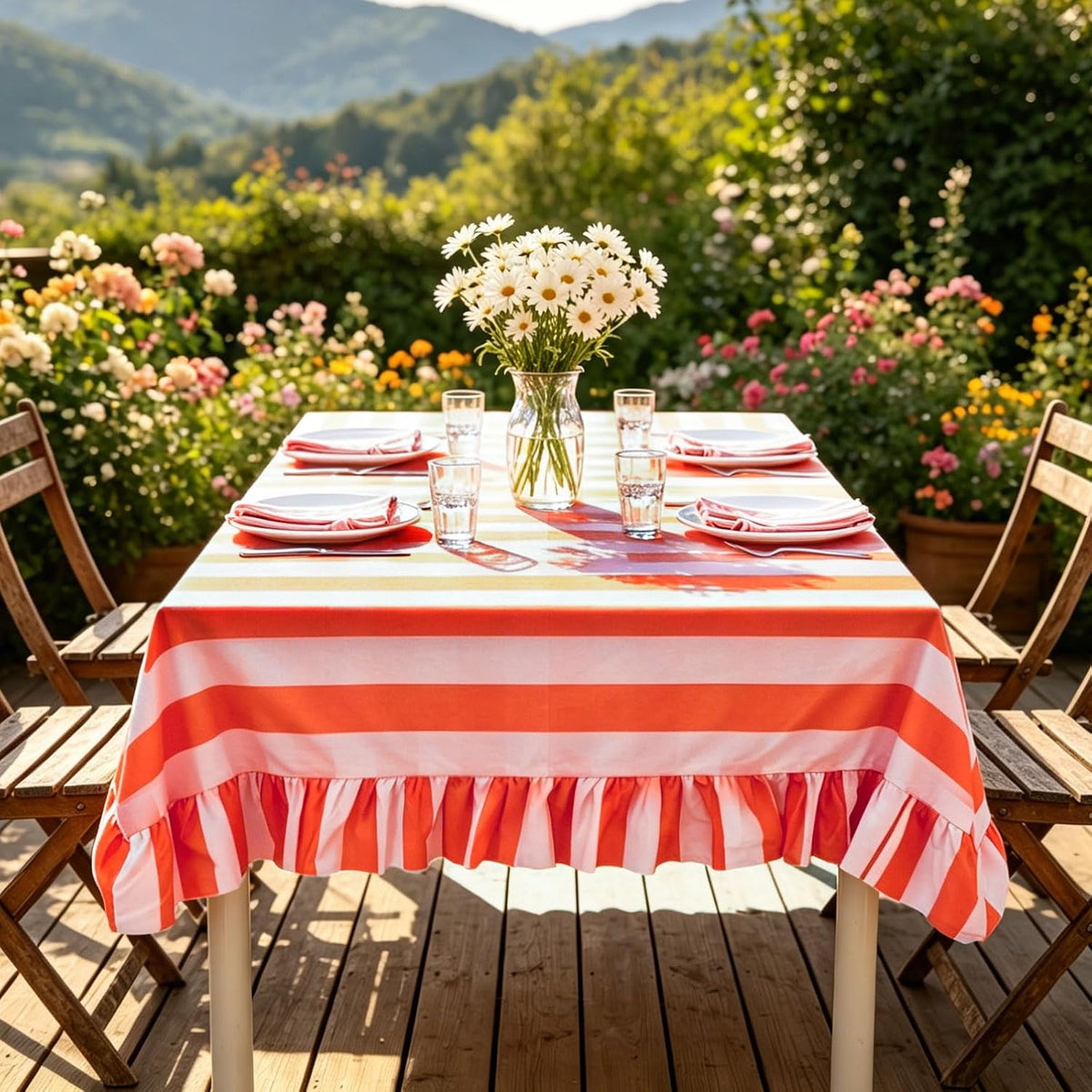 Striped Tablecloth Ruffle Table Cloth, Orange Pink
