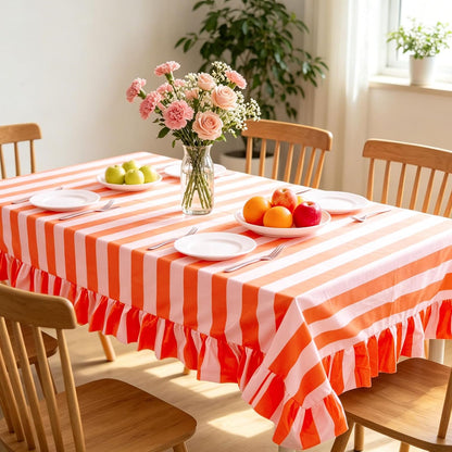 Striped Tablecloth Ruffle Table Cloth, Orange Pink