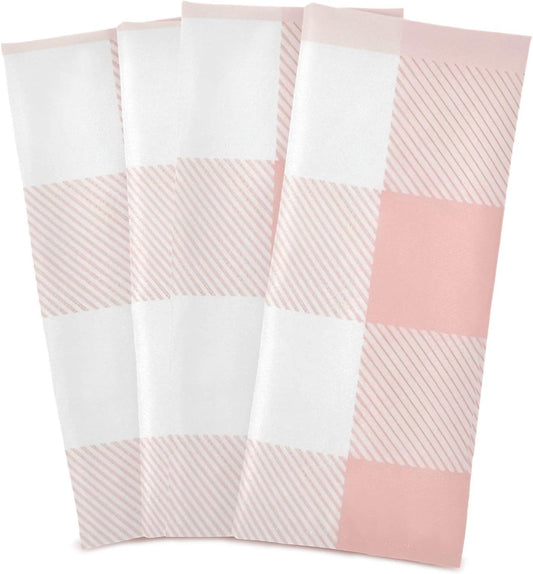 Pastel Pink White Plaid Dish Cloths and Towels, 28x18 Inches Absorbent Kitchen Towel Decor, Set of 4