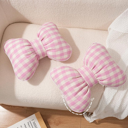 2PCS Cute Bow Shaped Pillow Checkered Knot Throw Pillows Aesthetic Chair Plush Cushion Stuffed Bow Lumbar Pillow for Bed Couch Living Room Dorm Decor