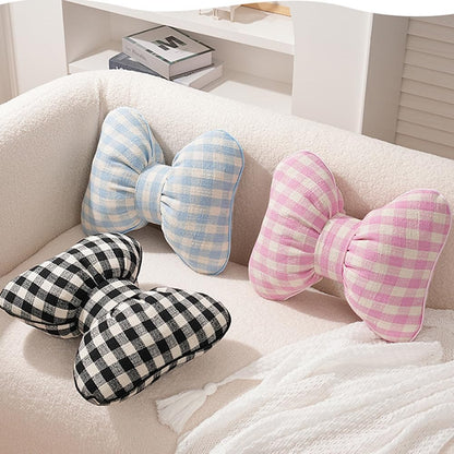 2PCS Cute Bow Shaped Pillow Checkered Knot Throw Pillows Aesthetic Chair Plush Cushion Stuffed Bow Lumbar Pillow for Bed Couch Living Room Dorm Decor