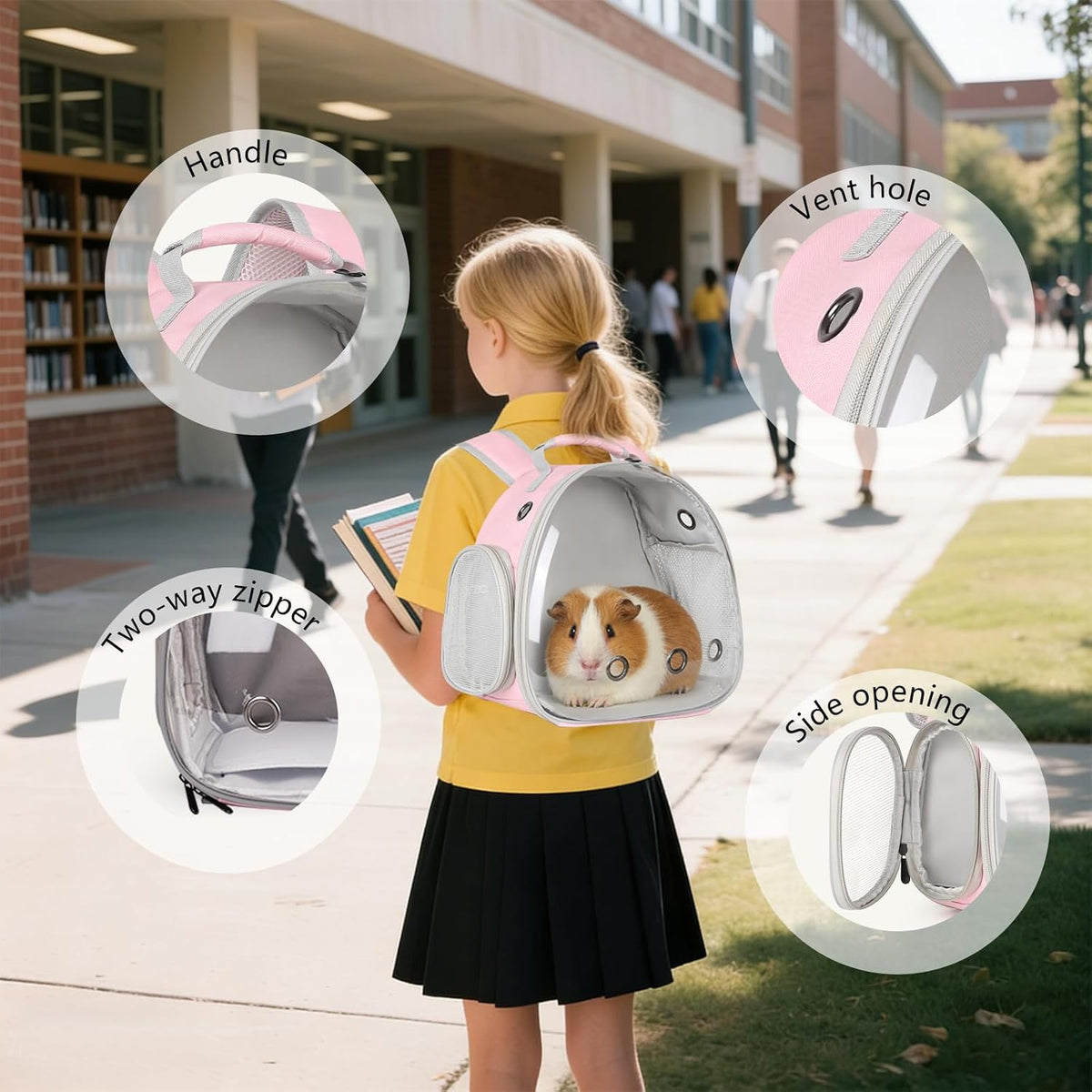 Guinea Pig Carrier, Clear Bubble Window for Guinea Pig, Bunny Rat Bird (Pink, Backpack)