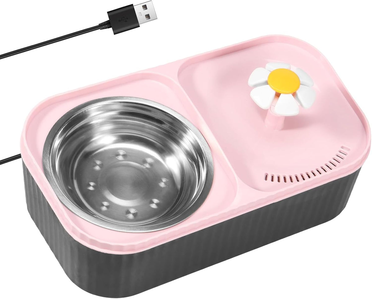 Cat Water Fountain and Food Bowl, 3L Ultra Quiet Pet Water Dispenser with Quadruple Filtration System,Cat Feeding & Watering Supplies, Automatic Flower Fountain & Stainless Steel Bowl for Cats (Pink)