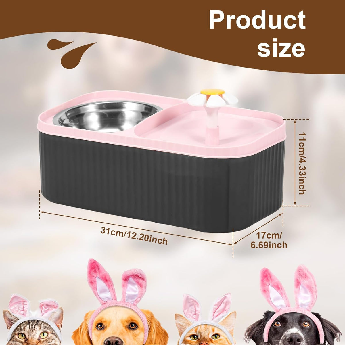 Cat Water Fountain and Food Bowl, 3L Ultra Quiet Pet Water Dispenser with Quadruple Filtration System,Cat Feeding & Watering Supplies, Automatic Flower Fountain & Stainless Steel Bowl for Cats (Pink)