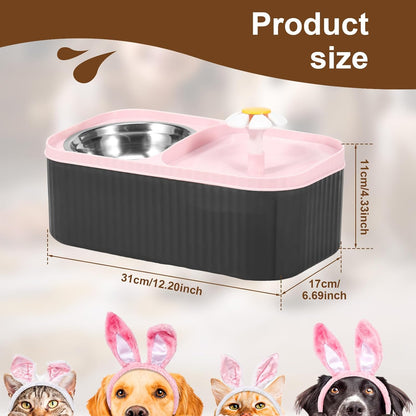 Cat Water Fountain and Food Bowl, 3L Ultra Quiet Pet Water Dispenser with Quadruple Filtration System,Cat Feeding & Watering Supplies, Automatic Flower Fountain & Stainless Steel Bowl for Cats (Pink)