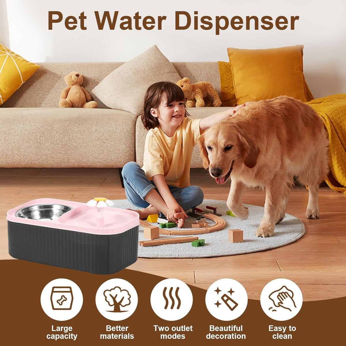 Cat Water Fountain and Food Bowl, 3L Ultra Quiet Pet Water Dispenser with Quadruple Filtration System,Cat Feeding & Watering Supplies, Automatic Flower Fountain & Stainless Steel Bowl for Cats (Pink)