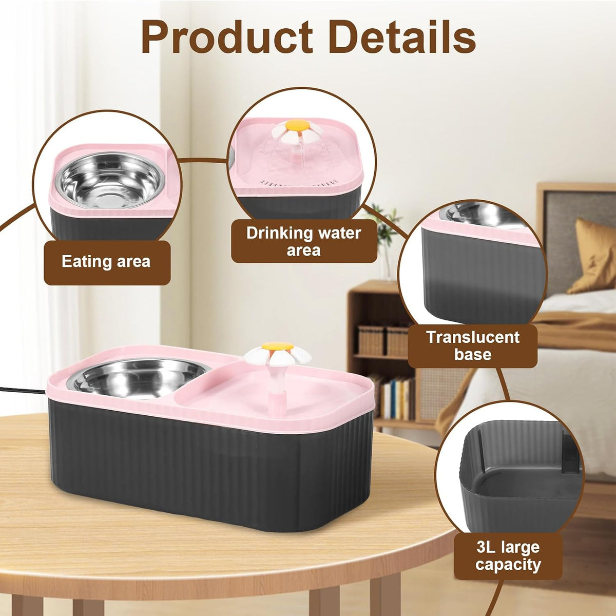Cat Water Fountain and Food Bowl, 3L Ultra Quiet Pet Water Dispenser with Quadruple Filtration System,Cat Feeding & Watering Supplies, Automatic Flower Fountain & Stainless Steel Bowl for Cats (Pink)