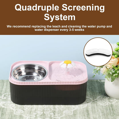 Cat Water Fountain and Food Bowl, 3L Ultra Quiet Pet Water Dispenser with Quadruple Filtration System,Cat Feeding & Watering Supplies, Automatic Flower Fountain & Stainless Steel Bowl for Cats (Pink)