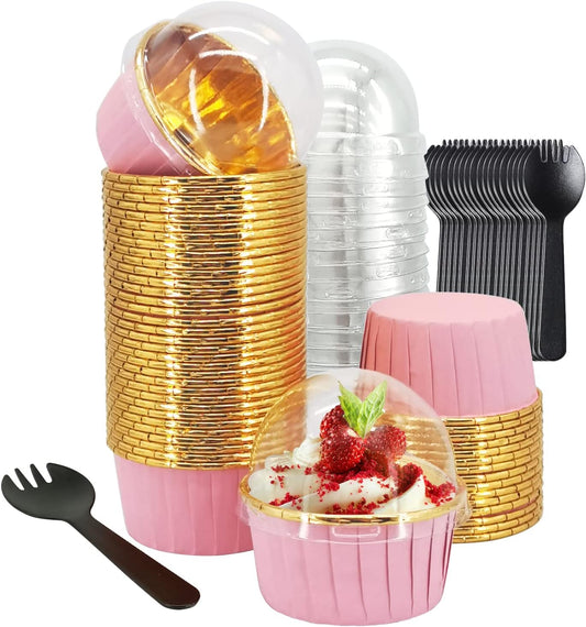 Pink Cupcake Liners with Dome Lids, 5oz Mini Baking Cups