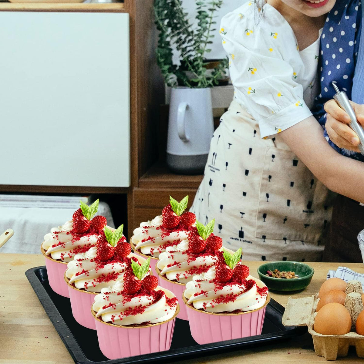 Pink Cupcake Liners with Dome Lids, 5oz Mini Baking Cups