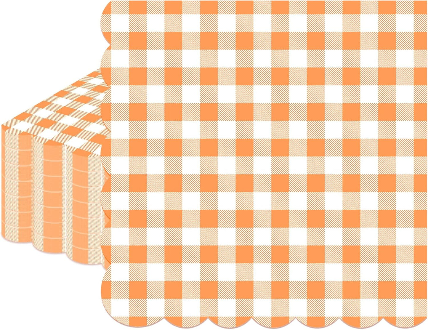 100 Pcs Orange Gingham Napkins Disposable - Orange and White Checkered Paper Napkins - Scalloped Plaid Napkin for Dinner Birthday Picnic Wedding Easter Party Supplies