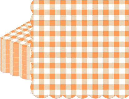 100 Pcs Orange Gingham Napkins Disposable - Orange and White Checkered Paper Napkins - Scalloped Plaid Napkin for Dinner Birthday Picnic Wedding Easter Party Supplies