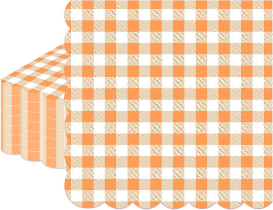 100 Pcs Orange Gingham Napkins Disposable - Orange and White Checkered Paper Napkins - Scalloped Plaid Napkin for Dinner Birthday Picnic Wedding Easter Party Supplies