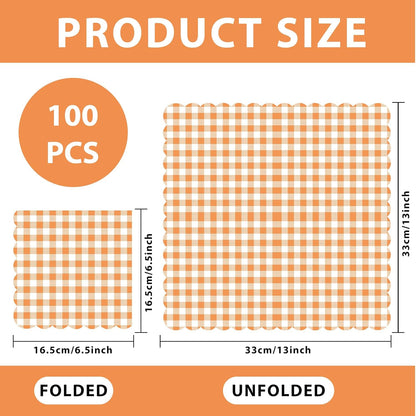 100 Pcs Orange Gingham Napkins Disposable - Orange and White Checkered Paper Napkins - Scalloped Plaid Napkin for Dinner Birthday Picnic Wedding Easter Party Supplies