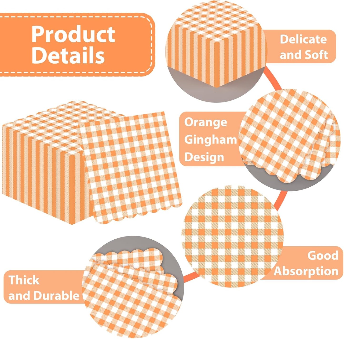 100 Pcs Orange Gingham Napkins Disposable - Orange and White Checkered Paper Napkins - Scalloped Plaid Napkin for Dinner Birthday Picnic Wedding Easter Party Supplies