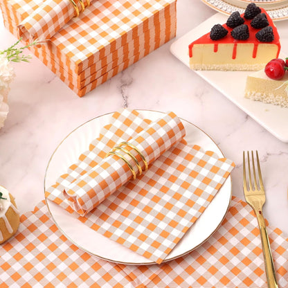 100 Pcs Orange Gingham Napkins Disposable - Orange and White Checkered Paper Napkins - Scalloped Plaid Napkin for Dinner Birthday Picnic Wedding Easter Party Supplies