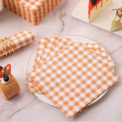 100 Pcs Orange Gingham Napkins Disposable - Orange and White Checkered Paper Napkins - Scalloped Plaid Napkin for Dinner Birthday Picnic Wedding Easter Party Supplies
