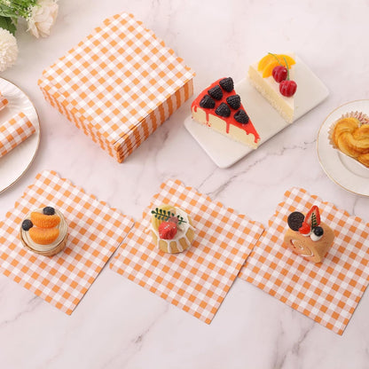 100 Pcs Orange Gingham Napkins Disposable - Orange and White Checkered Paper Napkins - Scalloped Plaid Napkin for Dinner Birthday Picnic Wedding Easter Party Supplies