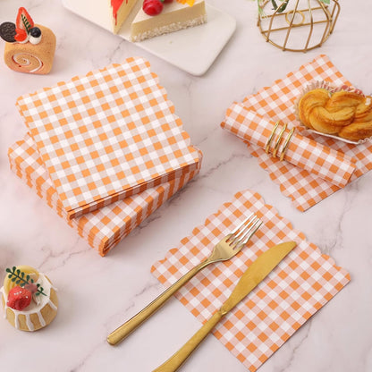 100 Pcs Orange Gingham Napkins Disposable - Orange and White Checkered Paper Napkins - Scalloped Plaid Napkin for Dinner Birthday Picnic Wedding Easter Party Supplies