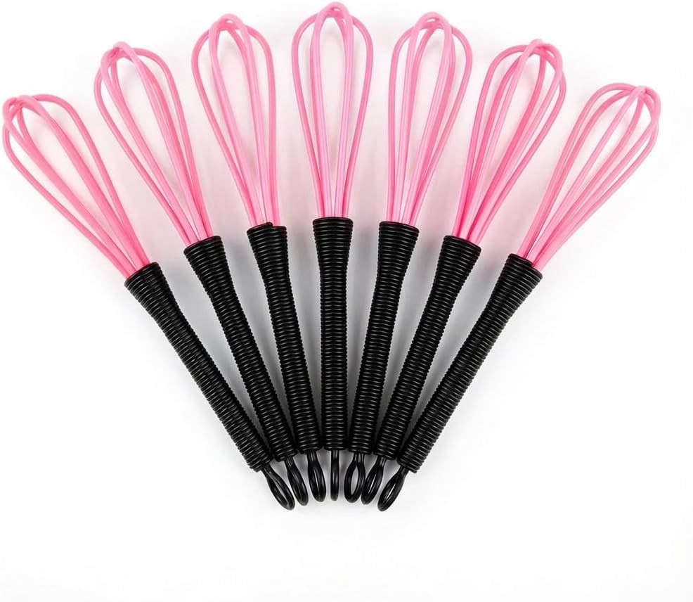 7 Pack Professional Hair Dye Whisk with Non-Slip Handle - Premium Black Mini Plastic Mixer for Salon Color, Bleach, and DIY Face Mask - Chemical Resistant & Stain Free Tool (Pink)