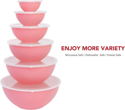 BoxedHome BPA Free Plastic Round Mixing Bowl with Lids, 12 Pack Nesting Bowls with Lids Set, Microwave and Dishwasher Safe Prep & Serving Bowls Great for Mixing, Baking, Serving (Pink, 12pcs)