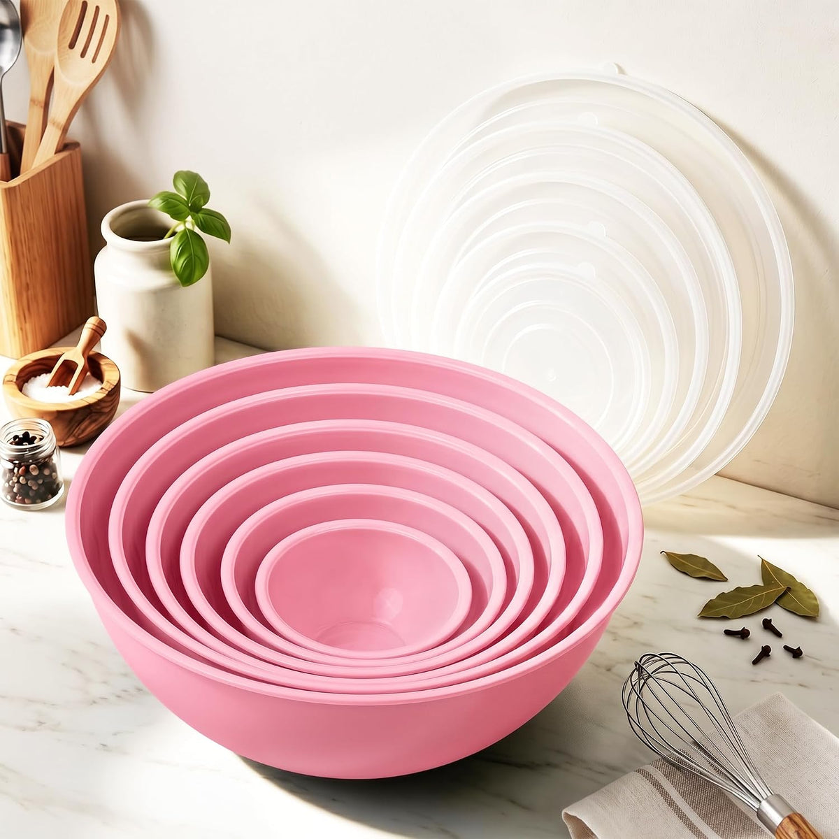BoxedHome BPA Free Plastic Round Mixing Bowl with Lids, 12 Pack Nesting Bowls with Lids Set, Microwave and Dishwasher Safe Prep & Serving Bowls Great for Mixing, Baking, Serving (Pink, 12pcs)